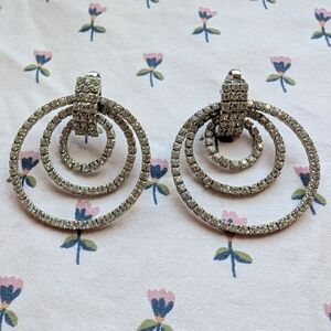 Clip On Rhinestone Diamond Silver Hoop Earrings